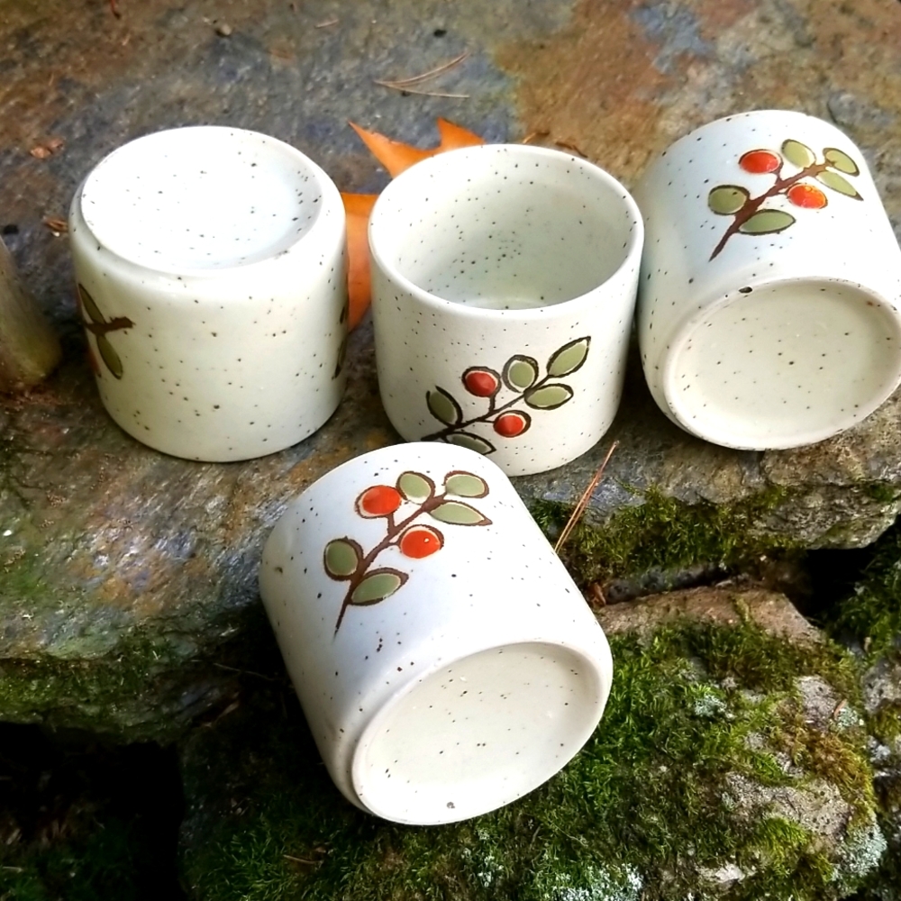 VINTAGE Sake ~ Tea Cups Ceramic set of 4 --- Simple Farmhouse Cottage Picnic 70s